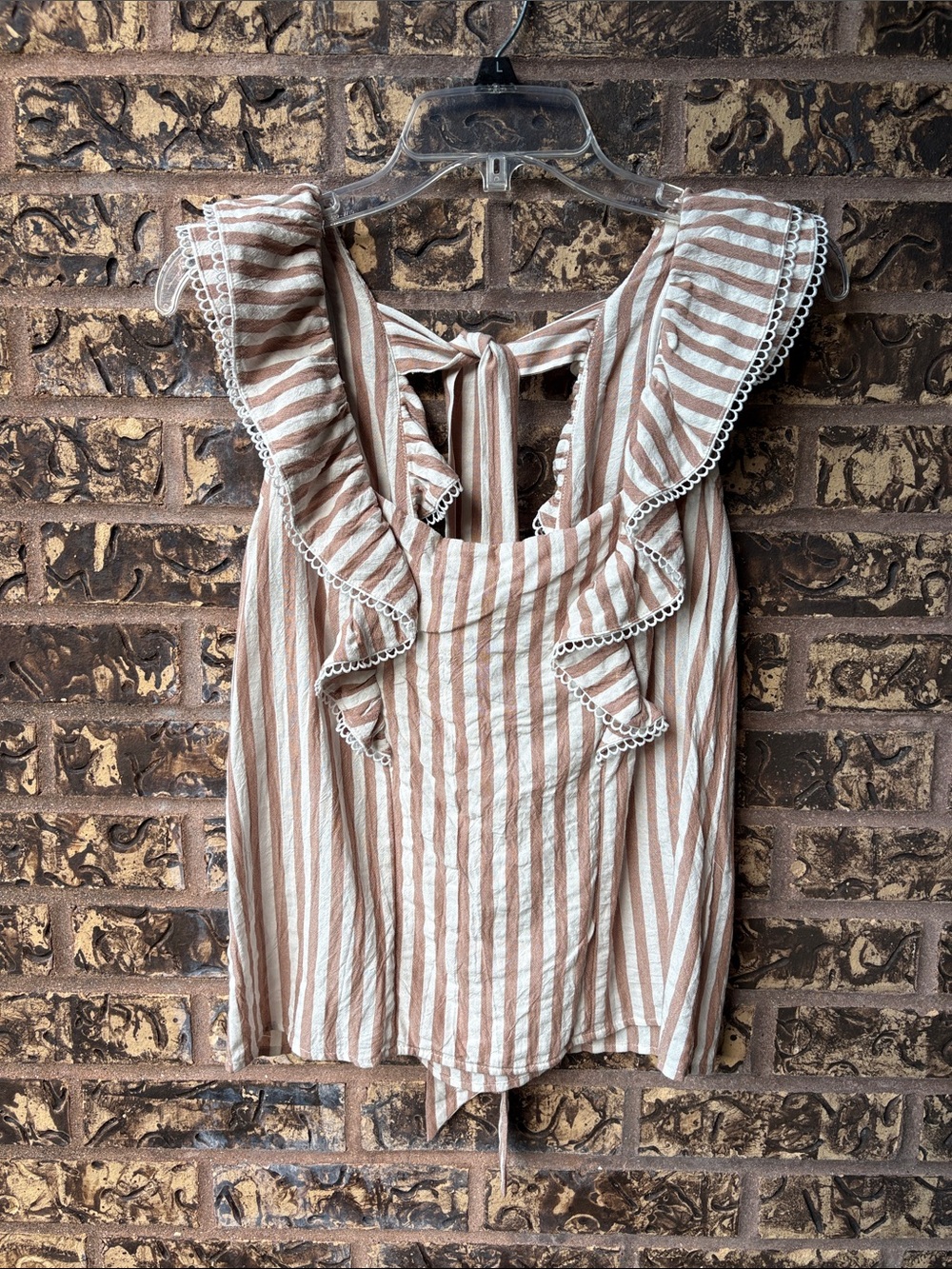 Bluivy Striped Ruffle Eyelet Trim Tank Top, Tie Back, Brown & Cream, Small, EUC